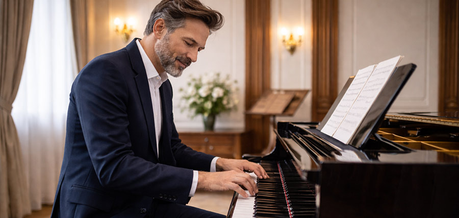 Mann in Anzug spielt Klavier