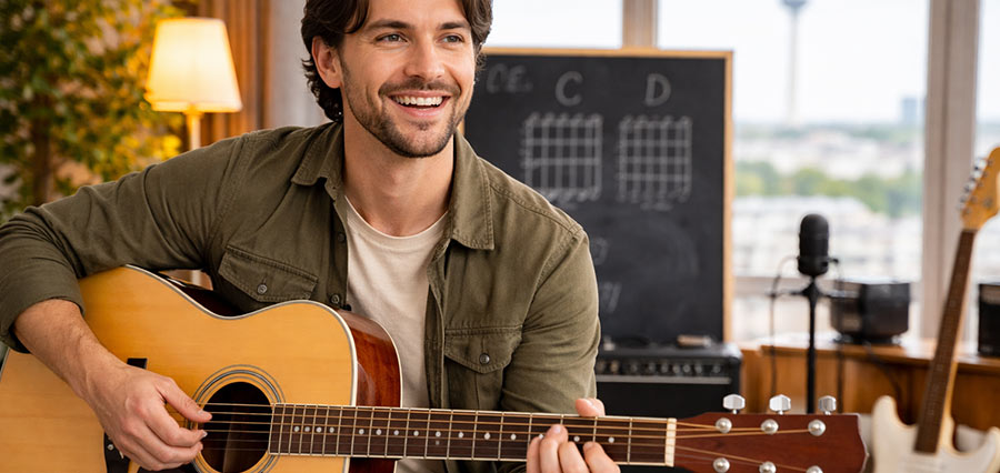 Mann lächelt und hält eine Gitarre zum Spielen