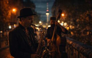 Jazzmusiker spielen am Abend in Berlin mit Blick auf den Fernsehturm