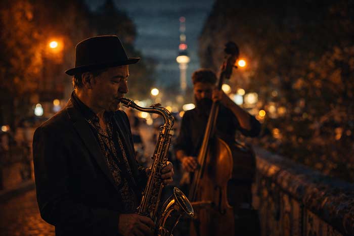 Jazzmusiker spielen am Abend in Berlin mit Blick auf den Fernsehturm