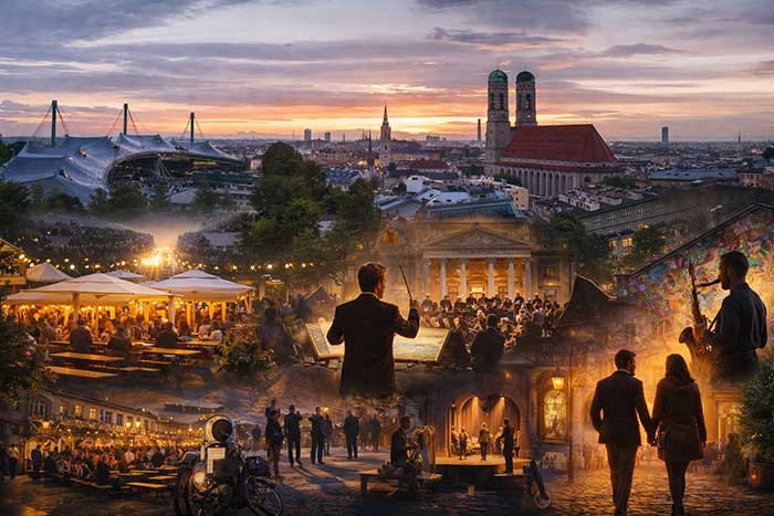 Kunst- und Musikszene in München mit Konzerten, Street Art und kulturellen Veranstaltungen bei Sonnenuntergang