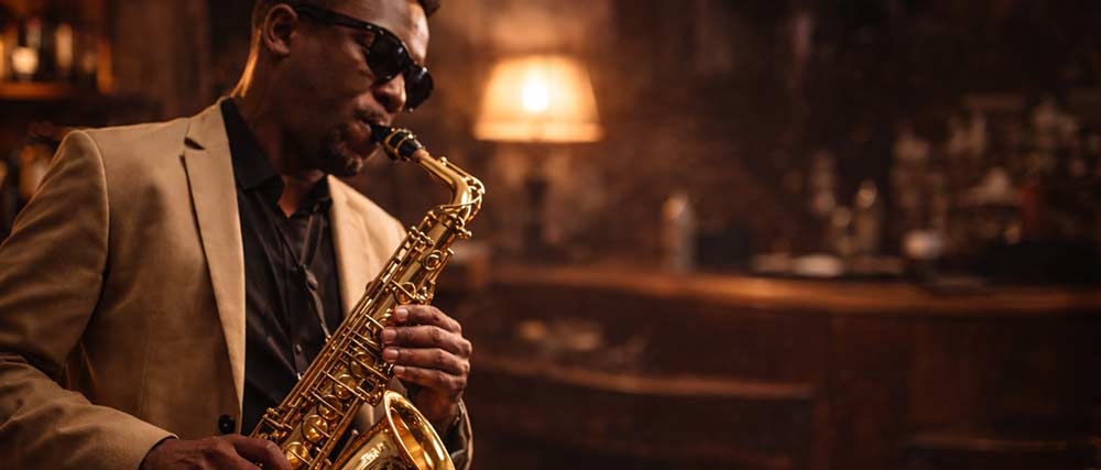 Saxophonspieler spielt Jazzmusik auf einem goldenen Saxophon in einer warm beleuchteten Bar