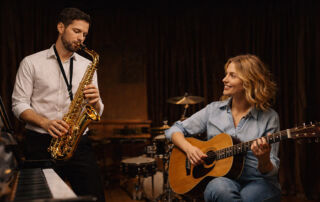 Erwachsene lernen Musik: Mann spielt Saxophon und Frau spielt Gitarre in einem Musikstudio