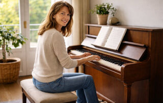 Eine Frau lächelt, während sie zu Hause Klavier spielt