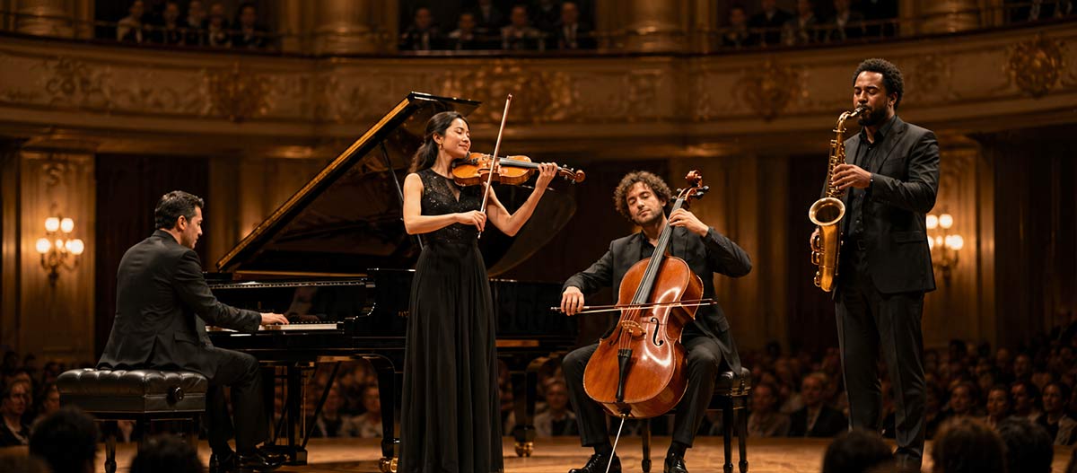 Elegantes Ensemble in einem prachtvollen Konzertsaal