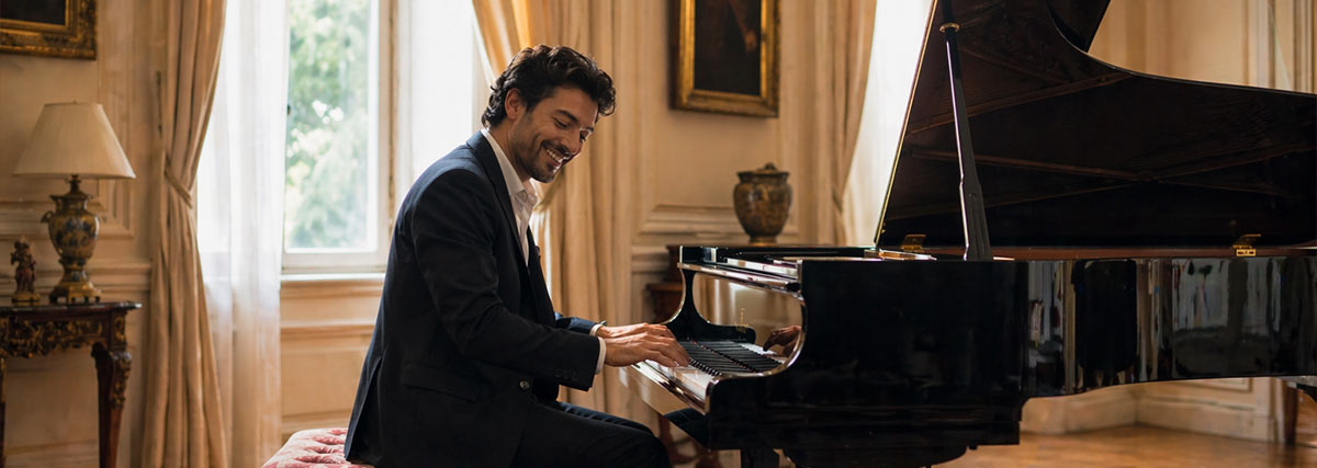 Glücklicher Pianist der Flügel spielt