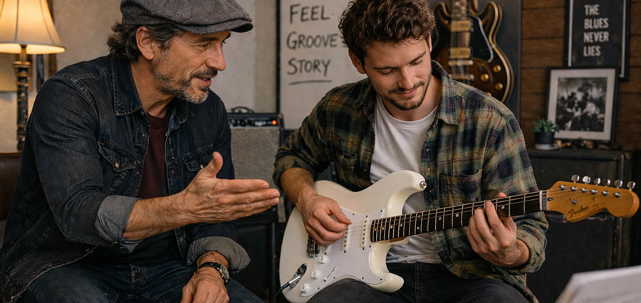 Lehrer und Schüler im Bluesgitarrenunterricht