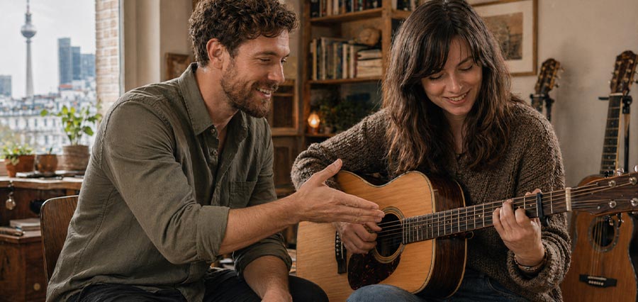 Lehrkraft und Schüler im Folk Gitarrenunterricht