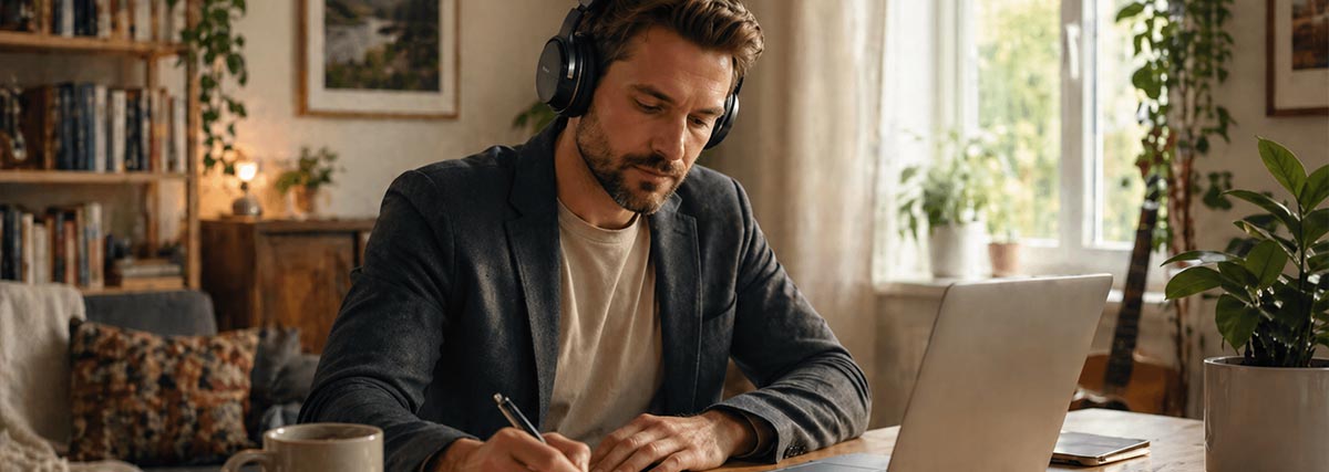 Mann arbeitet von zu Hause aus und hört Musik