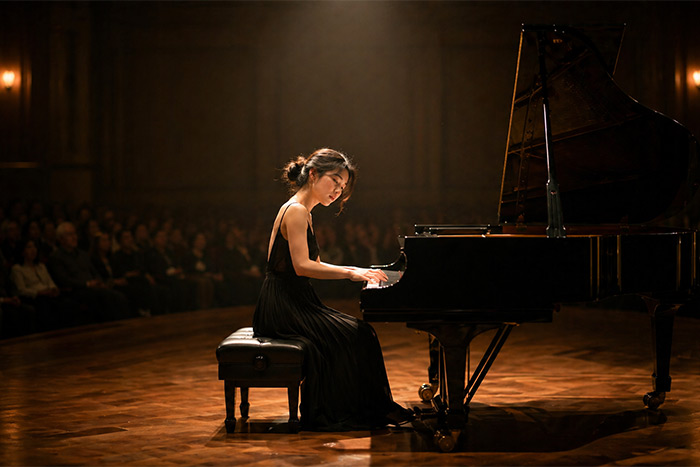 Pianist, der auf der Bühne auftritt