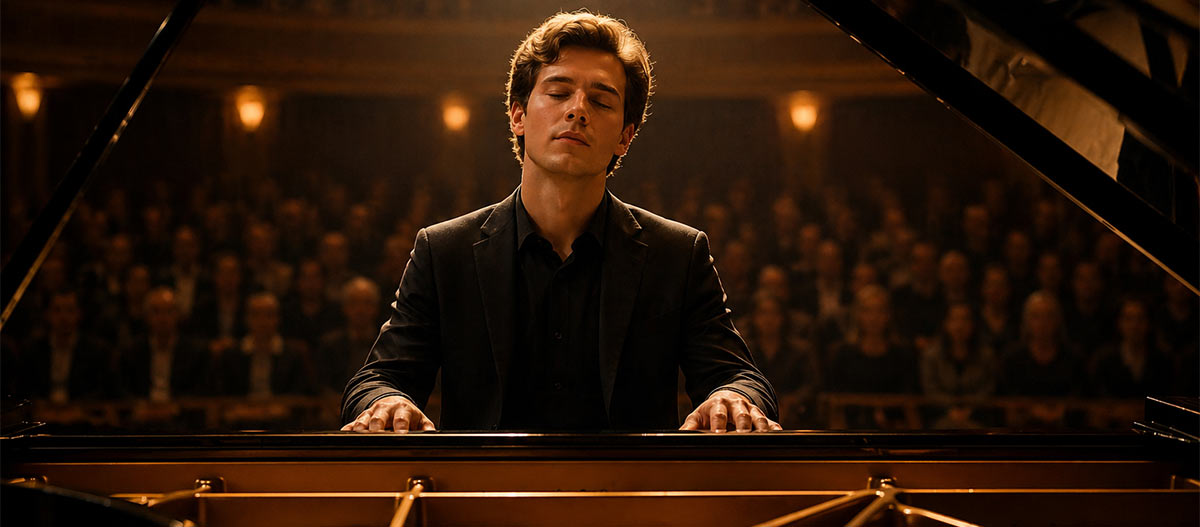 Pianist, der emotional auf der Bühne auftritt