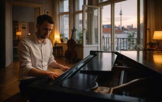 Erwachsener Mann spielt Klavier in einer Berliner Altbauwohnung in Berlin-Mitte bei warmem Abendlicht