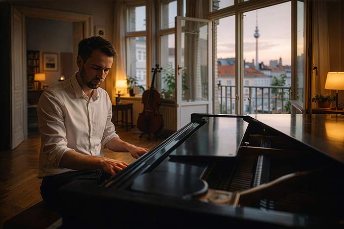 Erwachsener Mann spielt Klavier in einer Berliner Altbauwohnung in Berlin-Mitte bei warmem Abendlicht