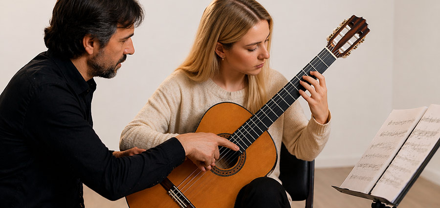 Lehrer gibt klassischen Gitarrenunterricht für Erwachsene im Musikstudio