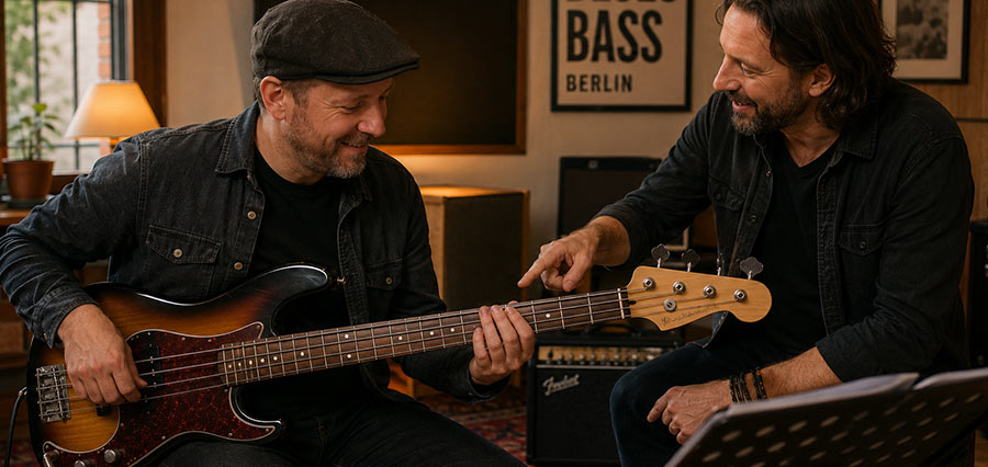 Blues Bassunterricht mit erwachsenem Schüler und Lehrer in einem Berliner Musikstudio