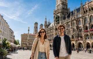 Freunde spazieren an einem sonnigen Tag über den Marienplatz in München