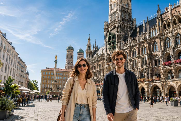 Freunde spazieren an einem sonnigen Tag über den Marienplatz in München