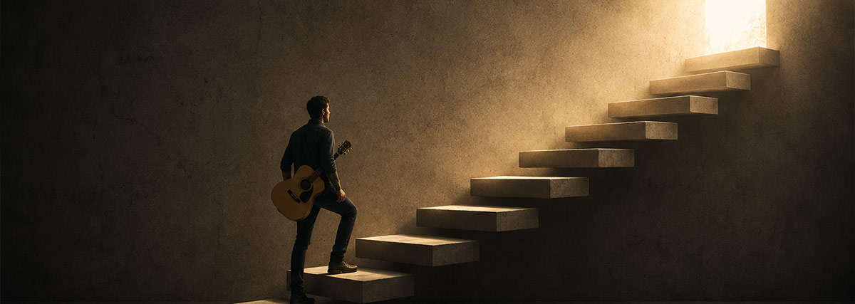 Mann geht mit einer Gitarre die Treppe hinauf