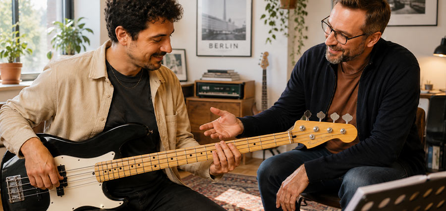 Pop Bassunterricht in Berlin mit erwachsenem Schüler und Lehrer in einem hellen Musikstudio