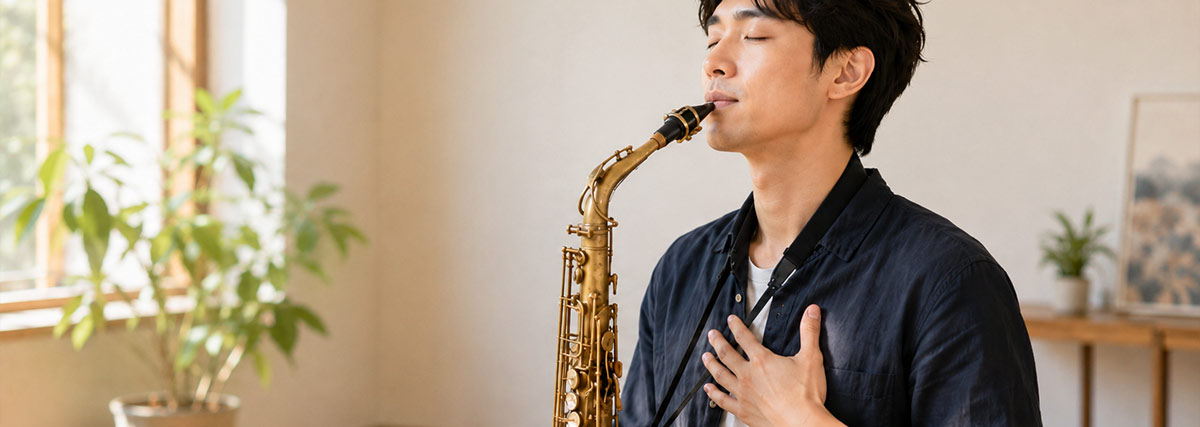 Saxophonist macht eine Atemübung