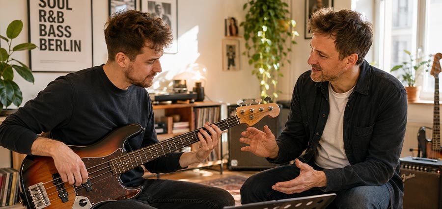 Soul und R&B Bassunterricht in Berlin mit erwachsenem Schüler und Lehrer in modernem Musikstudio