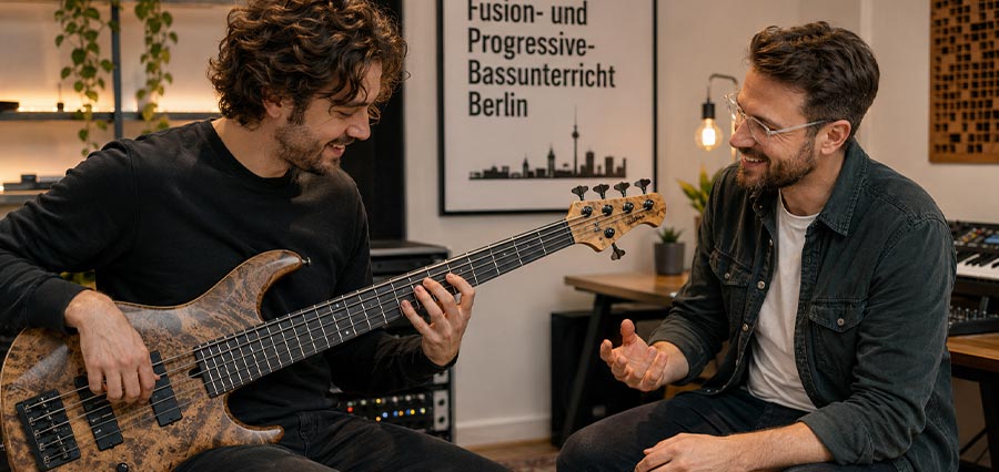 Fusion-und Progressive Bassunterricht in Berlin mit erwachsenem Schüler und Lehrer im modernen Musikstudio