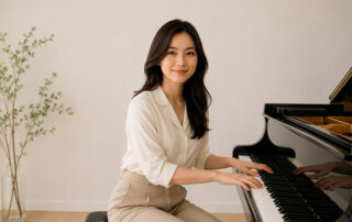 An attractive, smiling woman with her hands on the piano keyboard