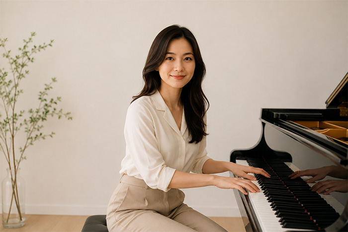 An attractive, smiling woman with her hands on the piano keyboard