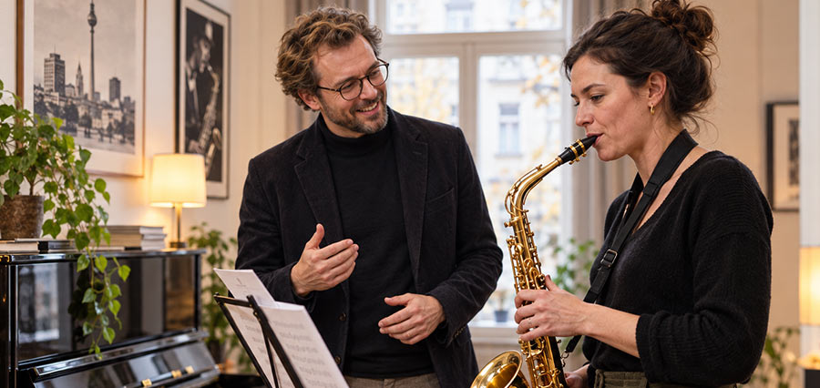 Erwachsene Saxophonschülerin beim Saxophonunterricht für Wiedereinsteiger mit Lehrer