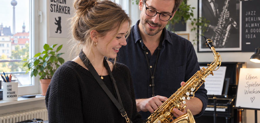 Erwachsene Saxophonschülerin beim Üben der Grifftechnik mit ihrem Lehrer