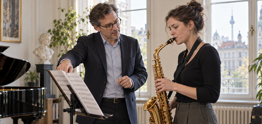 Erwachsene Saxophonschülerin im Einzelunterricht mit Lehrer in Berlin