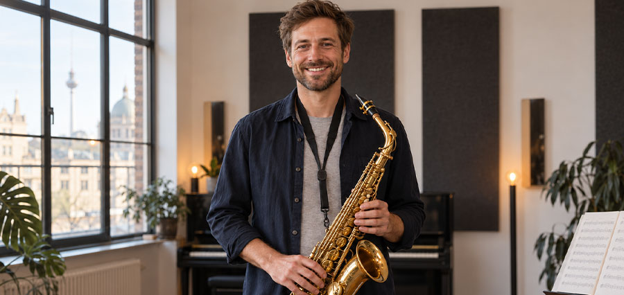 Erwachsener Saxophonschüler beim Üben in einem modernen Musikstudio in Berlin