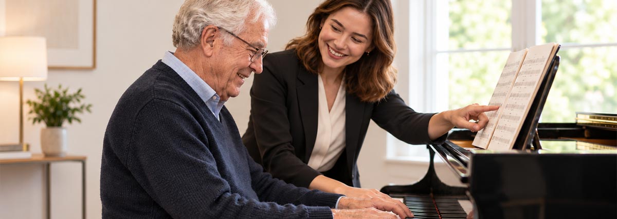 Senior und junge Klavierlehrerin im Klavierunterricht