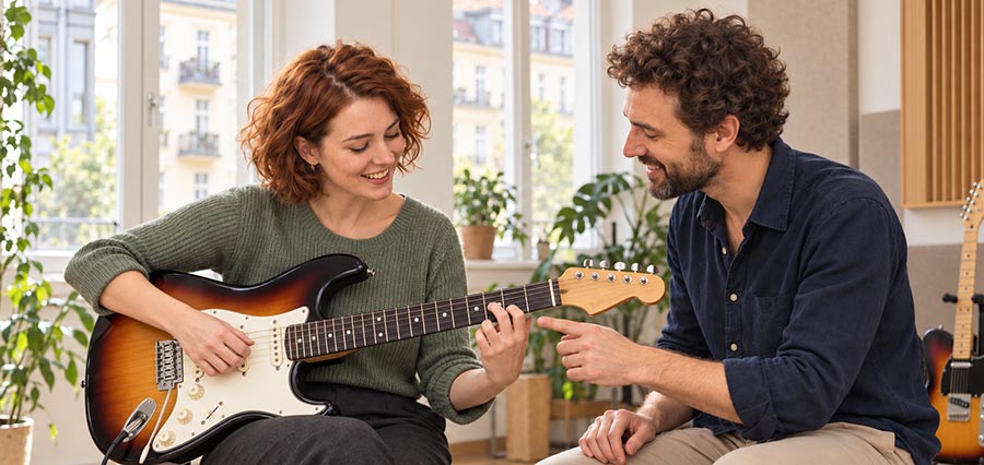 Erwachsene Schülerin übt Akkorde auf einer E-Gitarremit ihrem Lehrer beim privaten Gitarrenunterricht in Berlin